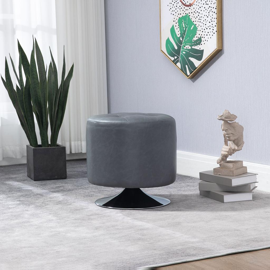 360 degrees Swivel Foot Stool Round PU Ottoman with Thick Sponge Padding and Solid Steel Base, Grey