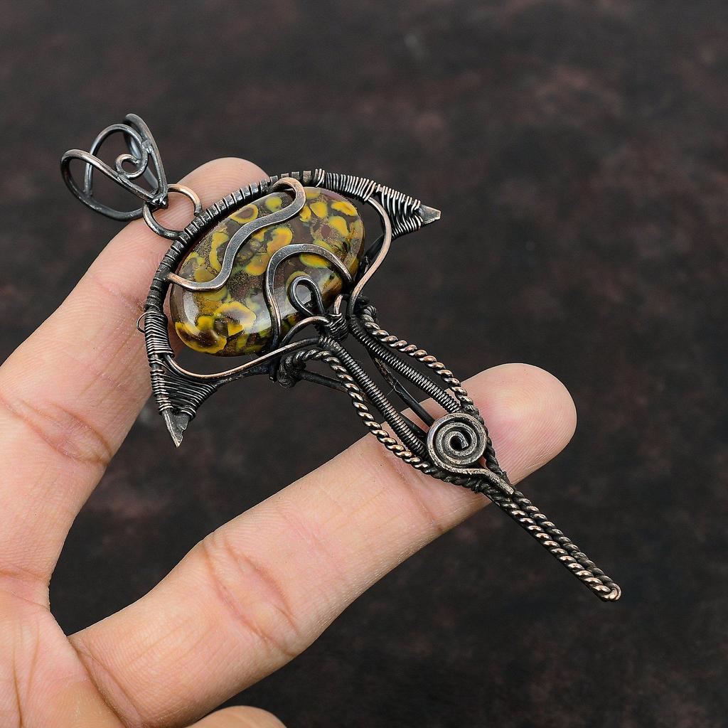 Кулон из фруктовой яшмы, медная проволочная обертка, подвеска ручной работы, ювелирные изделия из фруктовой яшмы, подвеска из драгоценных камней, подарок для мамы, дизайнерские медные украшения