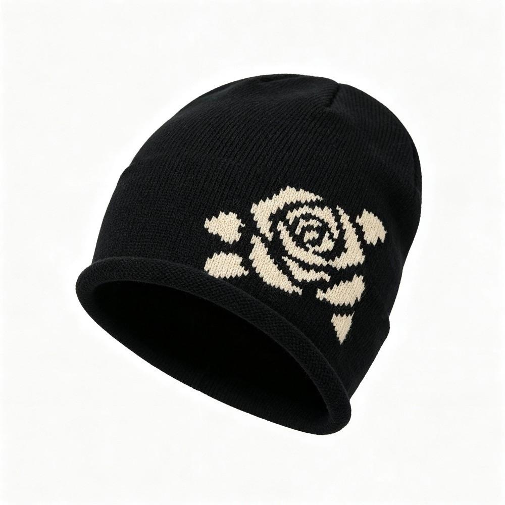 Ear Protection Warm Knitted Hat Soft Knit Rose Jacquard Beanie Winter Hat Daily Wear
