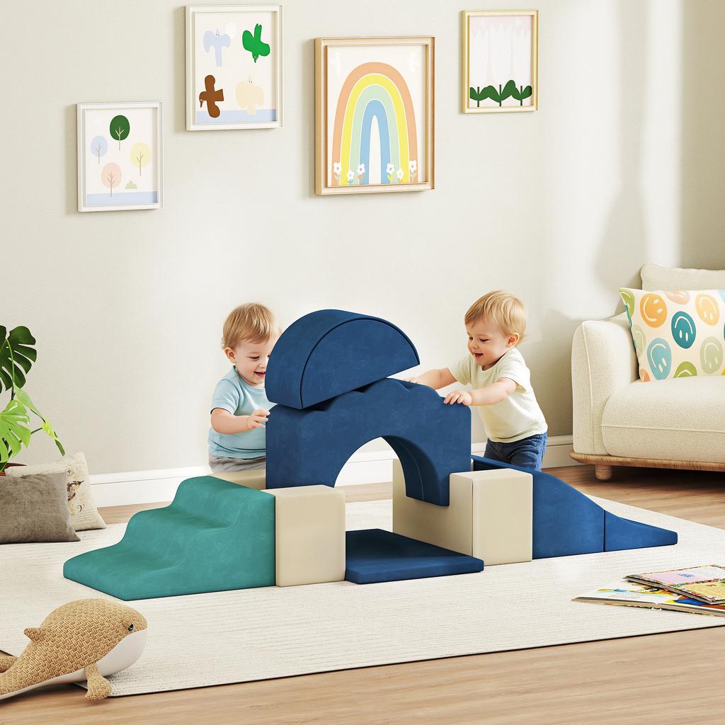 7 Piece Kids Soft Play Set with Detachable Cover, Baby Indoor Climb and Crawl Foam Toys for Toddlers, Dark Blue