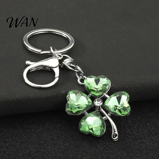 Blue Rhinestone Keychain Pendant Sparkling Rhinestones Four-Leaf Clover Design Key Chain with Electroplated Lobster Clasp Easy to Hang Holder Backpack