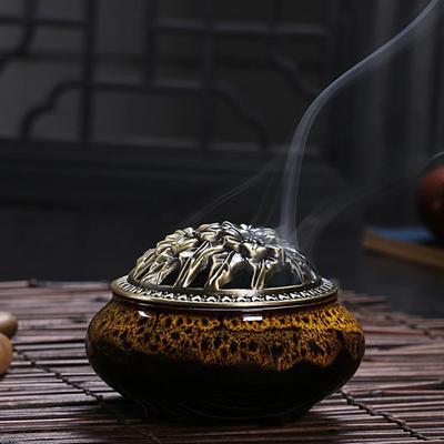 Антикварная печь для потрескивания льда Керамическая курильница для благовоний Медная крышка Сплав Сандаловое дерево Товары для сжигания благовоний курильница