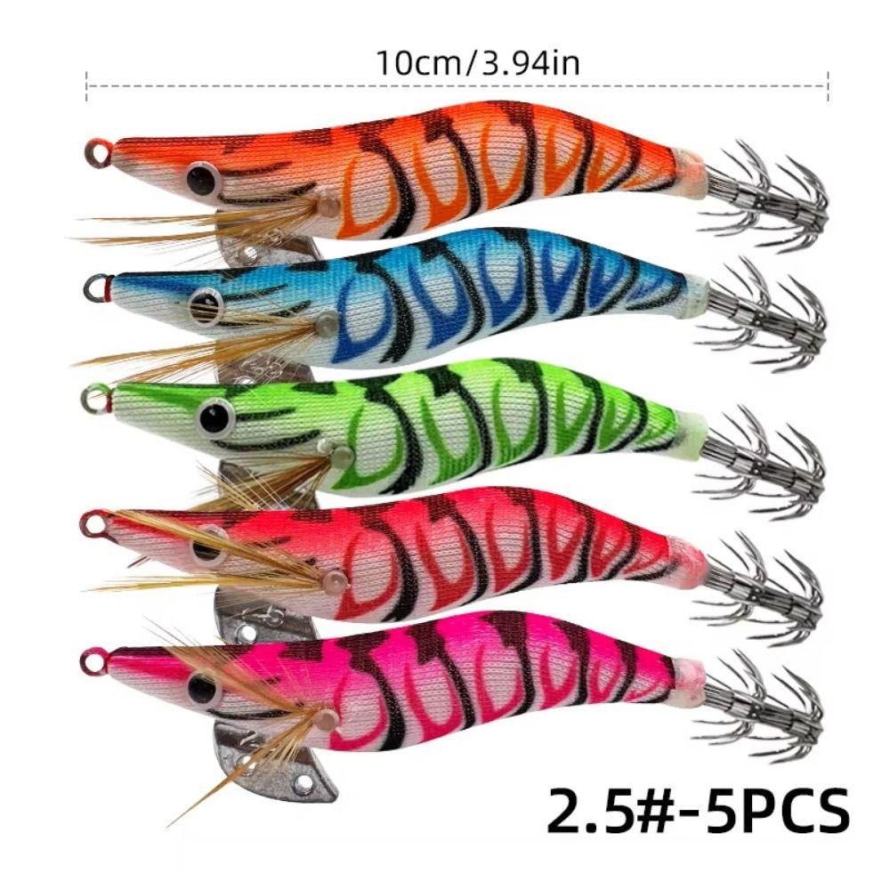 5Pcs Glow in The Dark Luminous Squid Fishing Lure Durable Colorful Wooden Shrimp Bait Soft-footed Ultra-Realistic