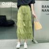 Women Tassel Splicing Pleated Skirt Elegant Elastic Waist All Match A-line Long Skirt For Spring Summer QT2140