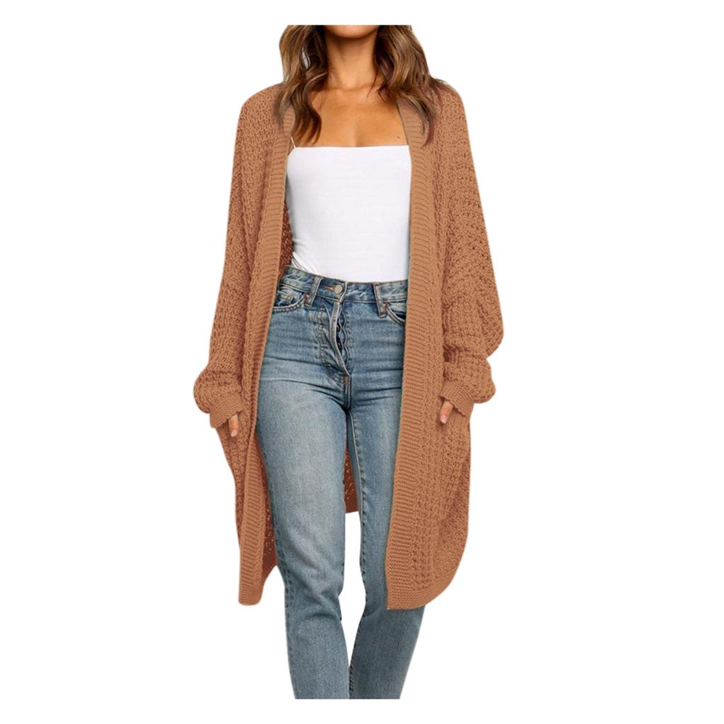 Womens Patchwork Cardigan Long Sleeve Open Front Knit Sweaters Coat Pockets