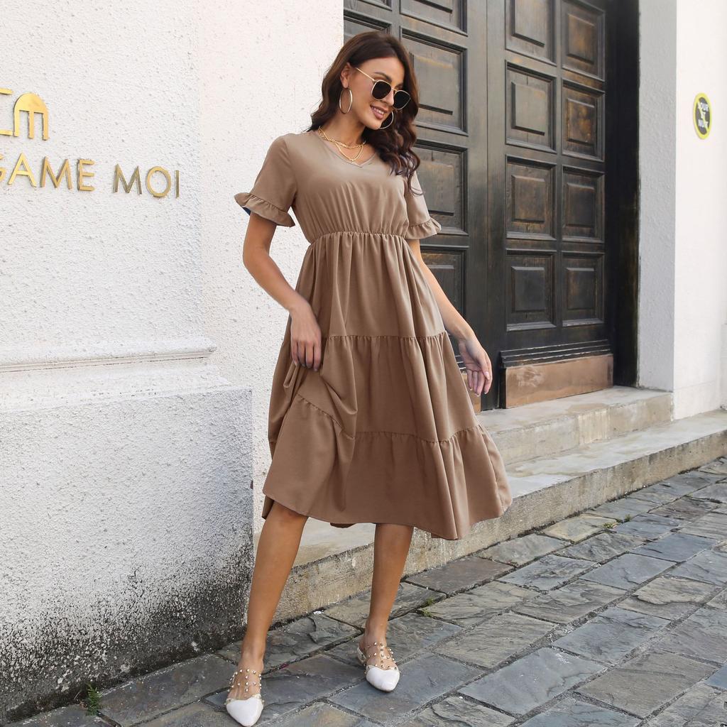 GMXIA Women's Fashion Summer Spring Solid Color Print Short Sleeve V-Neck High Waist Casual Dresses