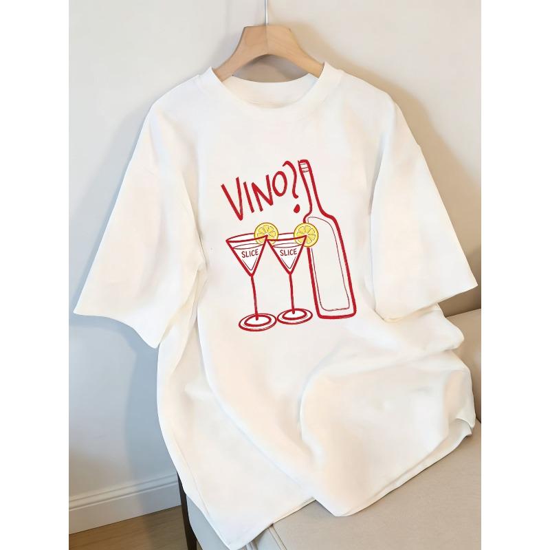 VINO Print Women's Short Sleeve Tee Wine Cocktail Graphic Relaxed Fit Casual Daily Top