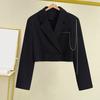 Women Short Suit Coat Double-breasted Chain Decor Long Sleeve Cardigan Lapel Notch Collar Loose Solid Color Thin Formal Business Style Lady Jacket