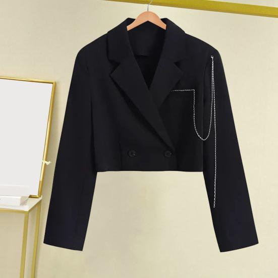 Women Short Suit Coat Double-breasted Chain Decor Long Sleeve Cardigan Lapel Notch Collar Loose Solid Color Thin Formal Business Style Lady Jacket