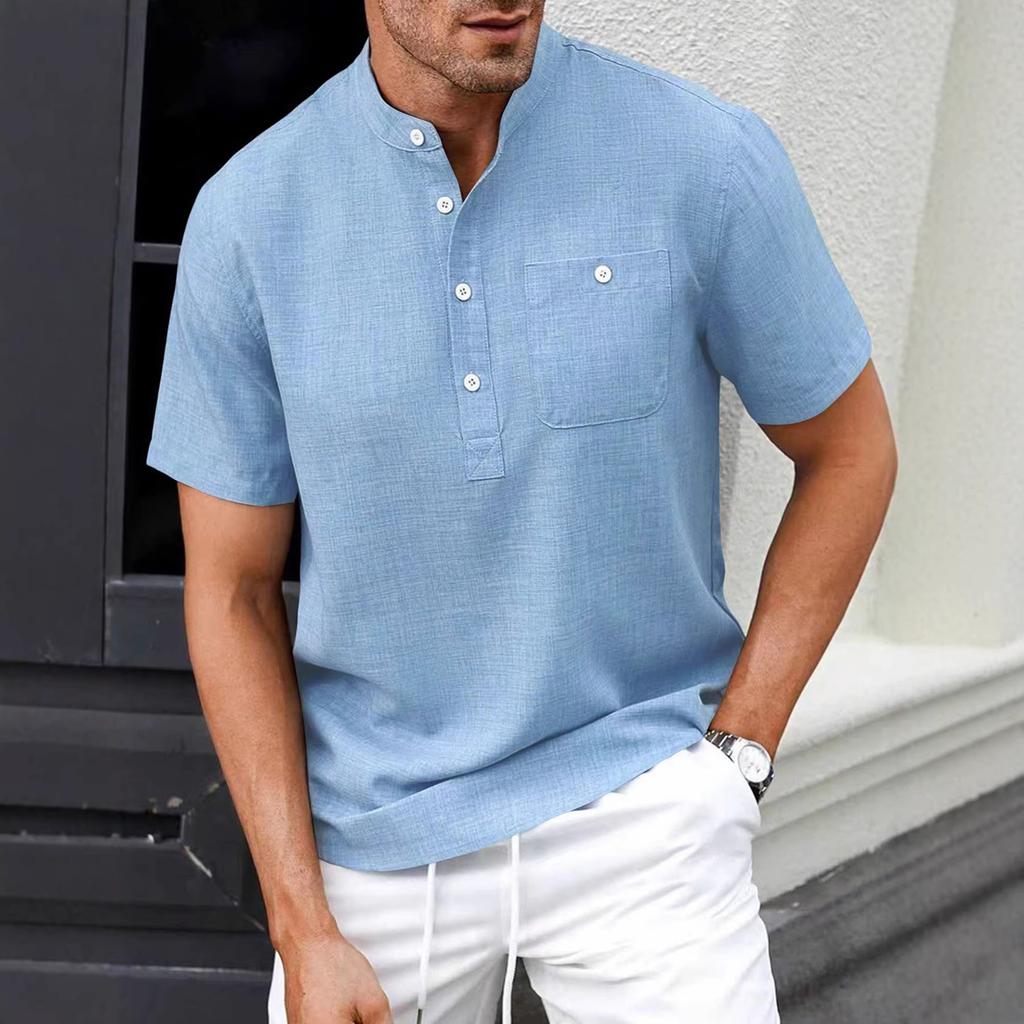 Мужская повседневная рубашка-henley с воротником-стойкой, коротким рукавом, свободного кроя, однотонная