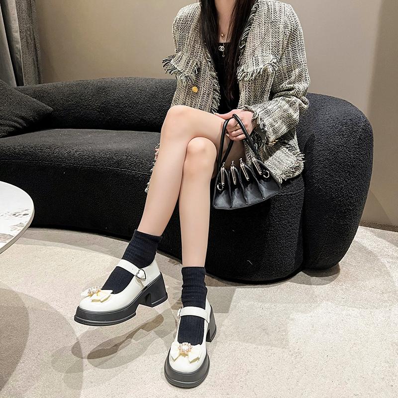 Модные женские туфли на высоком каблуке Ma Lizhen Shoes Весенние новые туфли с бантом и жемчугом Small Leather Shoes Мокасины на платформе Bottom