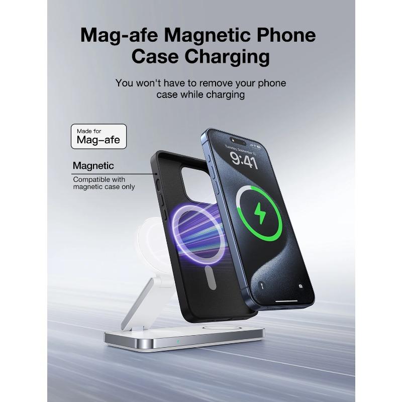Магнитная подставка для быстрого беспроводного зарядного устройства 3 в 1, складная зарядная станция для iPhone 16, 15, 14, 13, 12, часов 9, 8, 7, 6, Airpods Pro