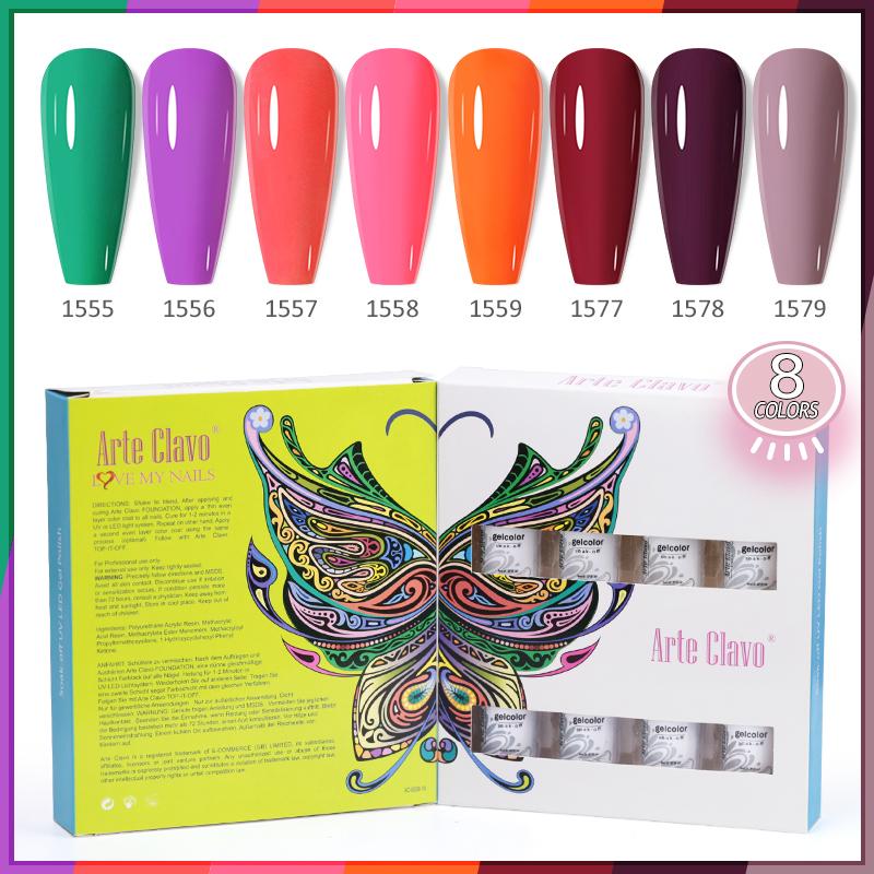 Arte Clavo 8 бутылок/набор, высококачественный блестящий гель-лак для ногтей для маникюра, гель-лак для дизайна ногтей, верхнее базовое покрытие, лак