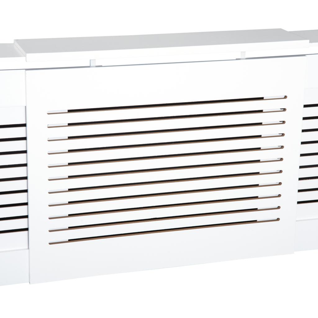 Extendable Radiator Cover, Modern MDF White Painted Cabinet with Horizontal Slats for Living Room, Bedroom, 139-208.5L x 20.5W x 82.5H cm