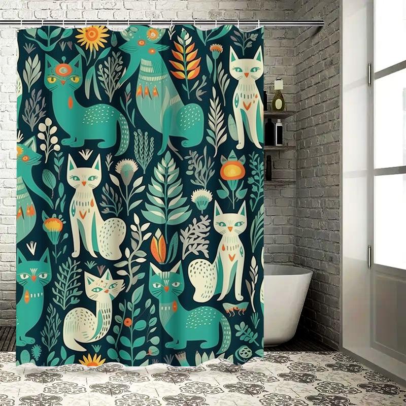 Красочная шторка для душа с кошачьим узором, синяя, зеленая, белая, с цветочным дизайном, для декора ванной комнаты, из полиэстеровой ткани, водонепроницаемая, набор с ковриком для ванной