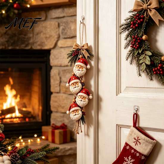 Reusable Christmas Hanging Decor Santa Claus Ornament, 2D Flat Tree Decoration, Rustic Wood Holiday Wall Sign with Pine Branches & Berries for