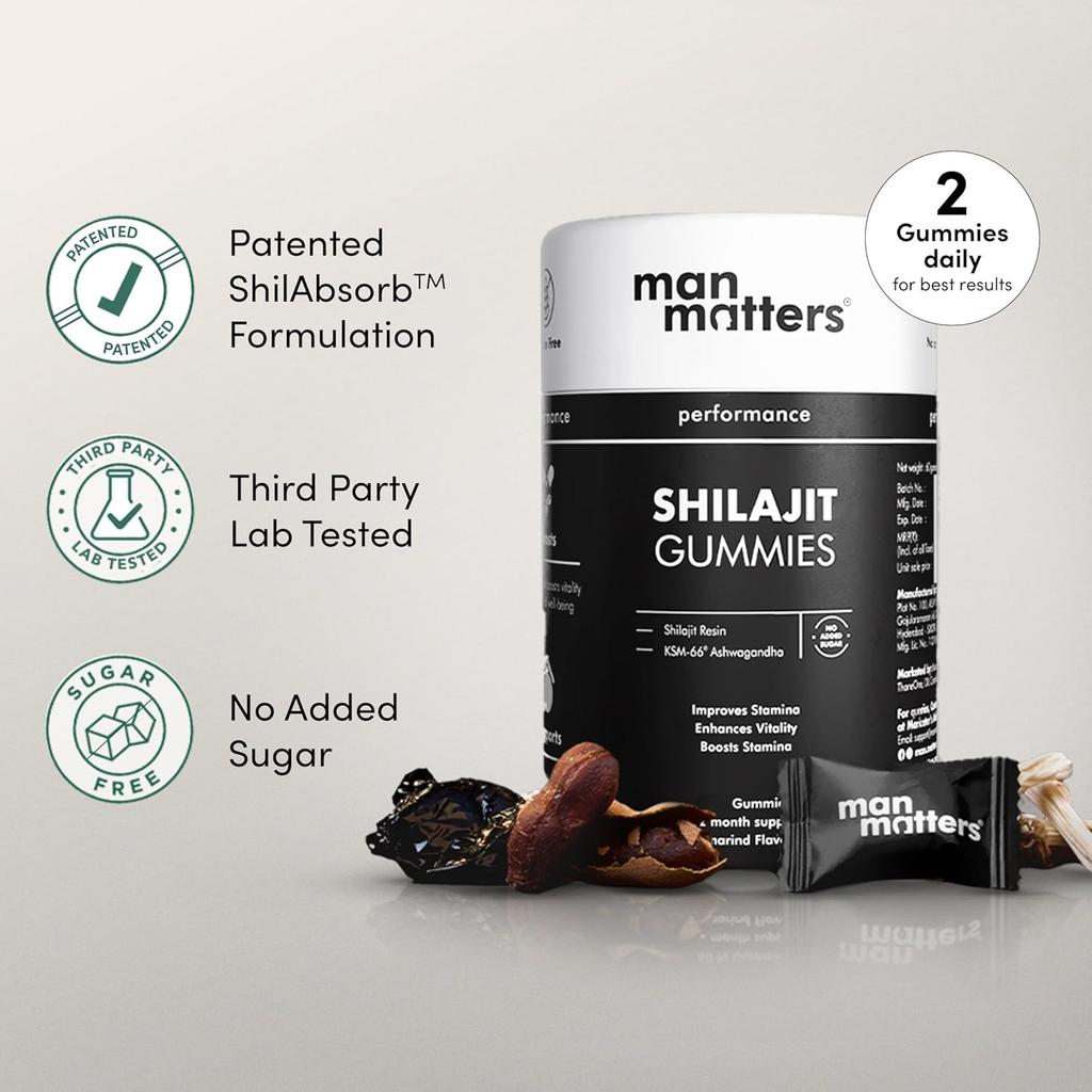 Man Matters Pure Himalayan Shilajit 60N Gummies with 70% Fulvic Acid & Ashwagandha for Stamina & Energy, Pack of 1