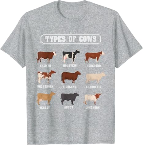 Types of Cow Cattle Ideas for Kids Boys Farmer Costume TShirt Fashion Y2k Design Graphic Outfit Novelty Gift Saying Tee Top