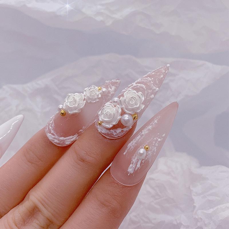 White Aurora Camellia Nail Art Jewelry Acrylic Resin Flowers Design Elegant Wedding Charms Accessories Rhinestone Decor