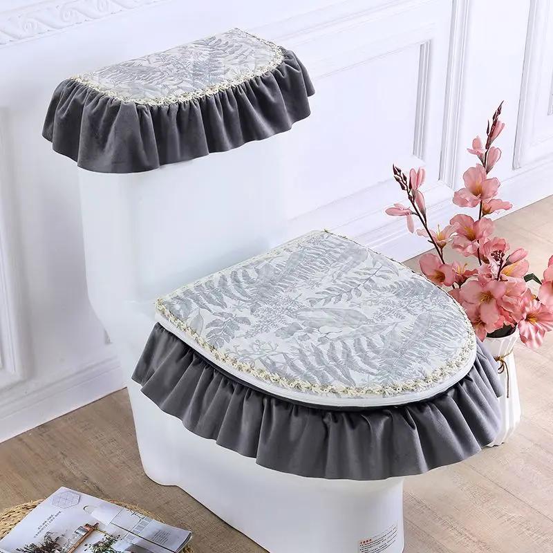 Сезонный универсальный коврик для сиденья для унитаза, бархатный кружевной чехол для унитаза на молнии в европейском стиле, пылезащитный чехол с принтом для унитаза