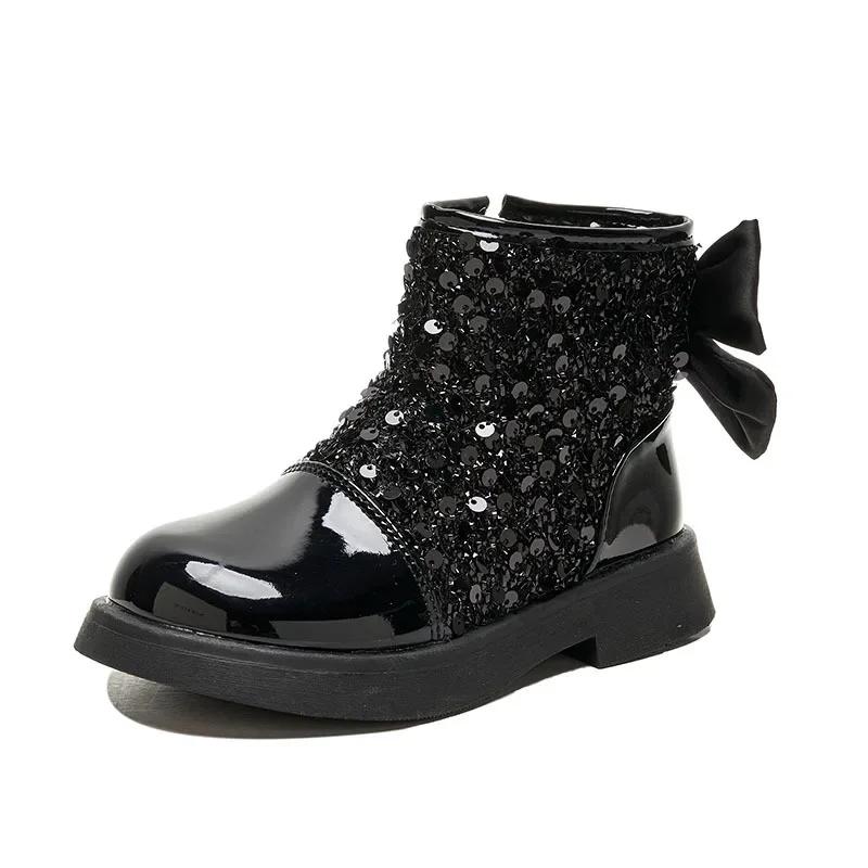 Children Short Boots for Girls Autuumn Winter New Fashion Korean Princess Bowtie Party Outside Versatile Leather Shoe