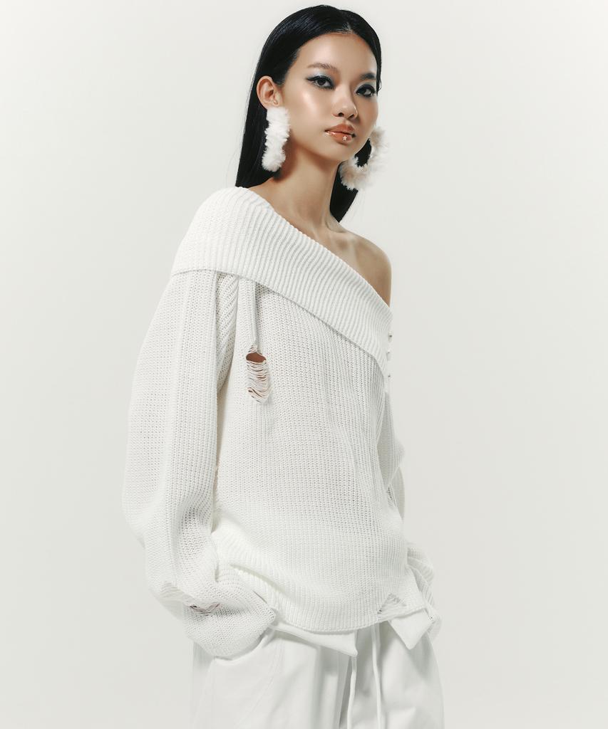 NYXX Damage Off Shoulder Knit White
