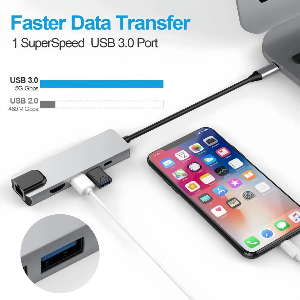5 Ports USB C Docking Station Type C To HDMI 4K/RJ45 100M Splitter USB 3.0 5Gbps High Speed USB C HUB Adapter For Laptop Macbook