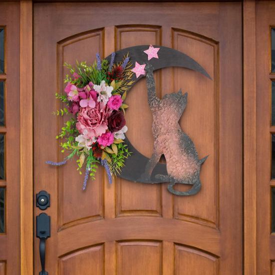 Хэллоуинский венок «Лунный кот» для входной двери, венок в виде полумесяца, табличка с искусственными цветами роз для готического домашнего декора