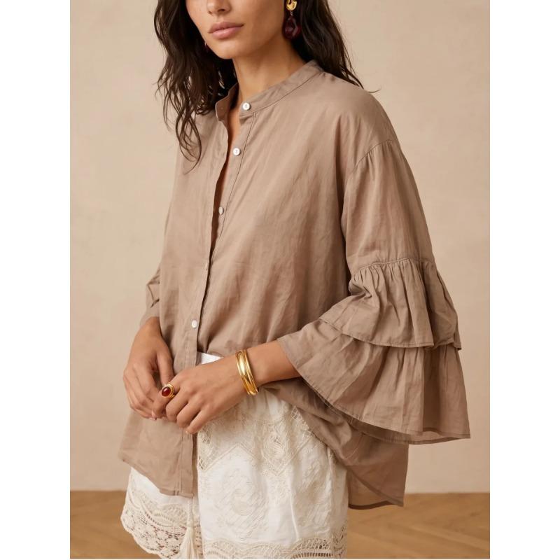 Women S Solid Stand Collar Button Long Sleeve Trumpet Loose Casual Shirt