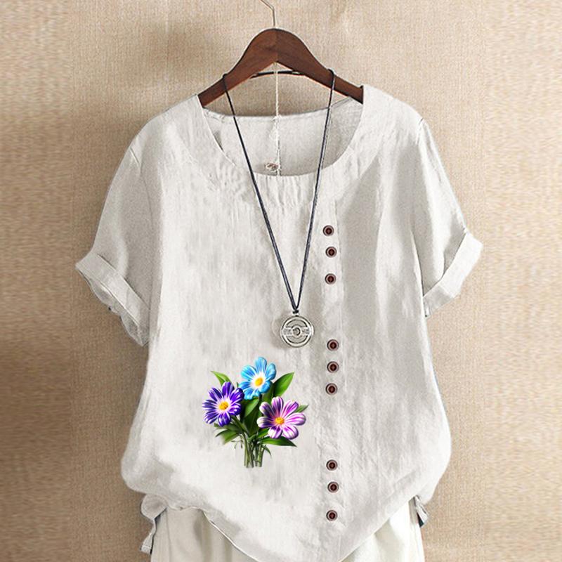 Женская модная футболка с круглым вырезом и коротким рукавом, повседневная хлопково-льняная рубашка с рисунком, летняя блузка с цветочным принтом, топы, большие размеры