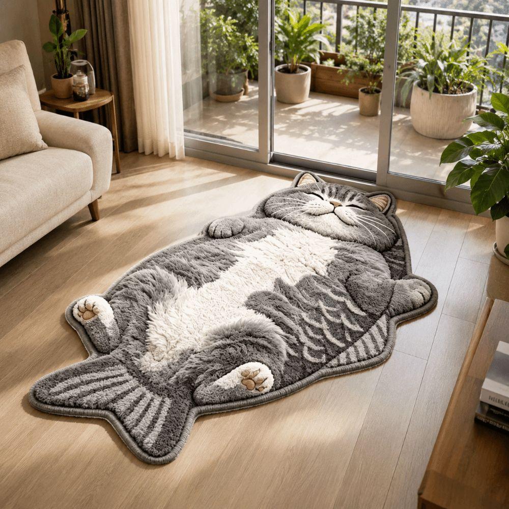 Easy to Clean Fish-Shaped Area Rug Non-Slip Cartoon Cat Carpet Funny Home Decor Carpet Bedrooms