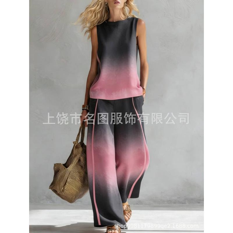 European, American Bohemian fashion contrasting colors 1D digital printing printing retro casual top set
