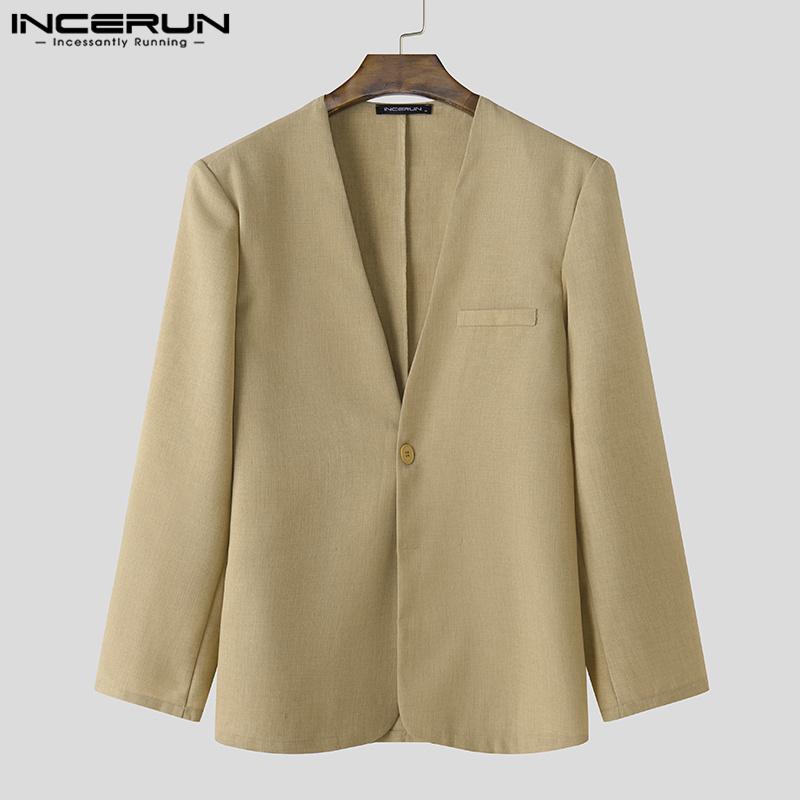 INCERUN Мужские тонкие пиджаки без воротника с длинным рукавом на одной пуговице