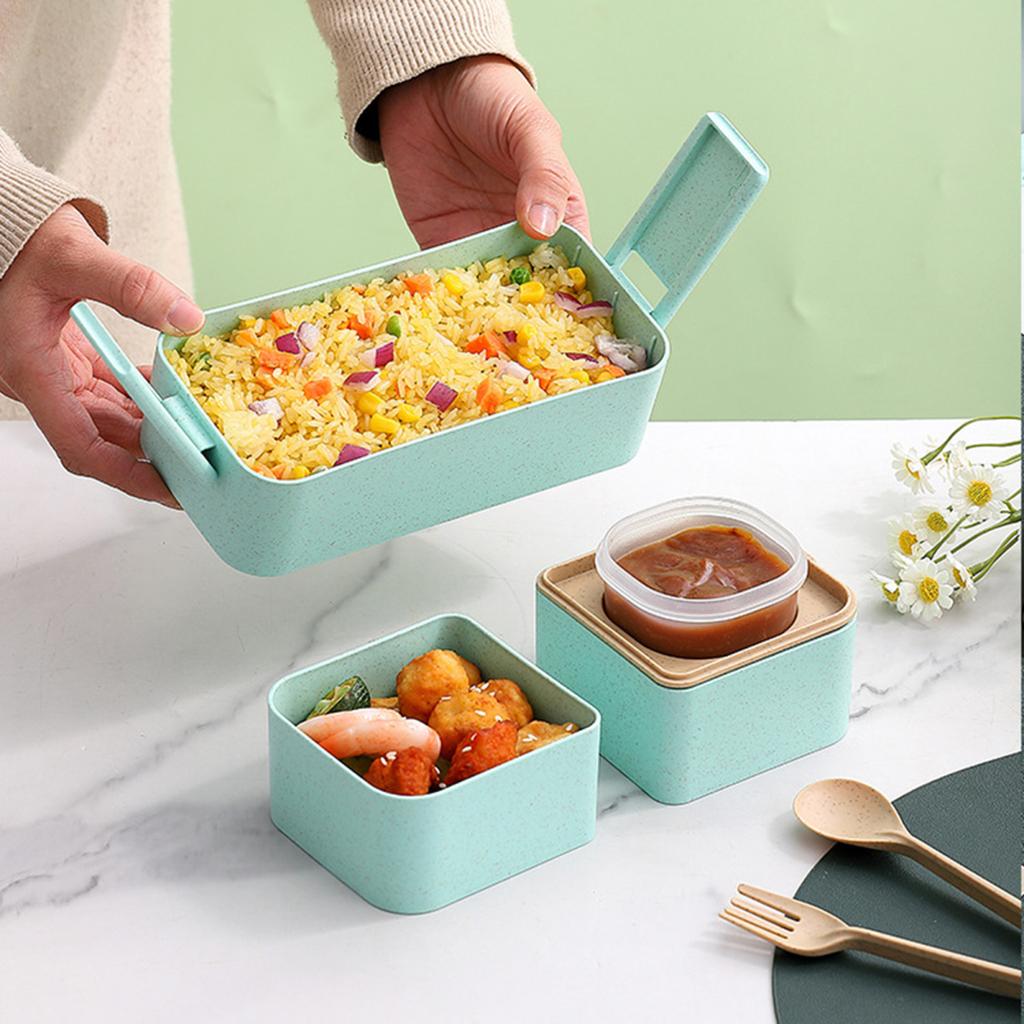 Leak-proof Bento Lunch Box with 3 Compartments Double Layer Buckle Closure Microwave Safe Stackable Salad Box for Kids Adults