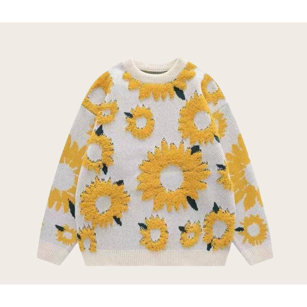 Европейский и американский жаккардовый свитер с подсолнухом, женский осенне-зимний свободный свитер с круглым вырезом и длинными рукавами средней и длинной длины