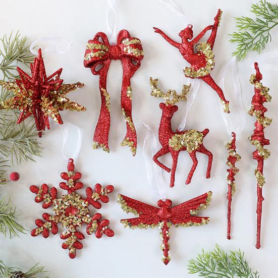 Glitter Sequined Christmas Ornament Red Snowflake/Butterfly/Star/Reindeer/Ballerina Hanging Decoration for Xmas Tree Doors Windows Walls Holiday Home