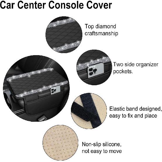 NBTEPEM Shiny car center console cover,Leather car armrest cover pad,Belt 2 A storage bag,General Automobile Armrest Protector Storage Box,Shiny