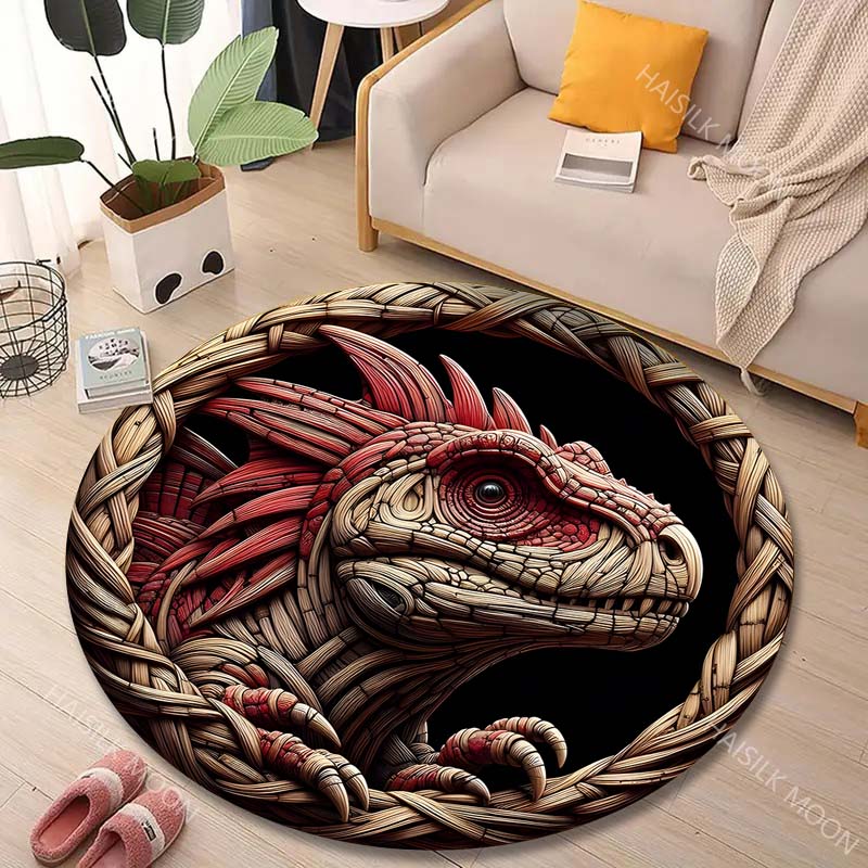 Multiple sizes Dinosaur Art in Wood Carving Style Print Round Carpet Living Room Bedroom Table Chair Sofa Decorative Carpet