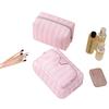 New Compact Pink Striped Makeup Bag – Large Capacity with Metal Zipper