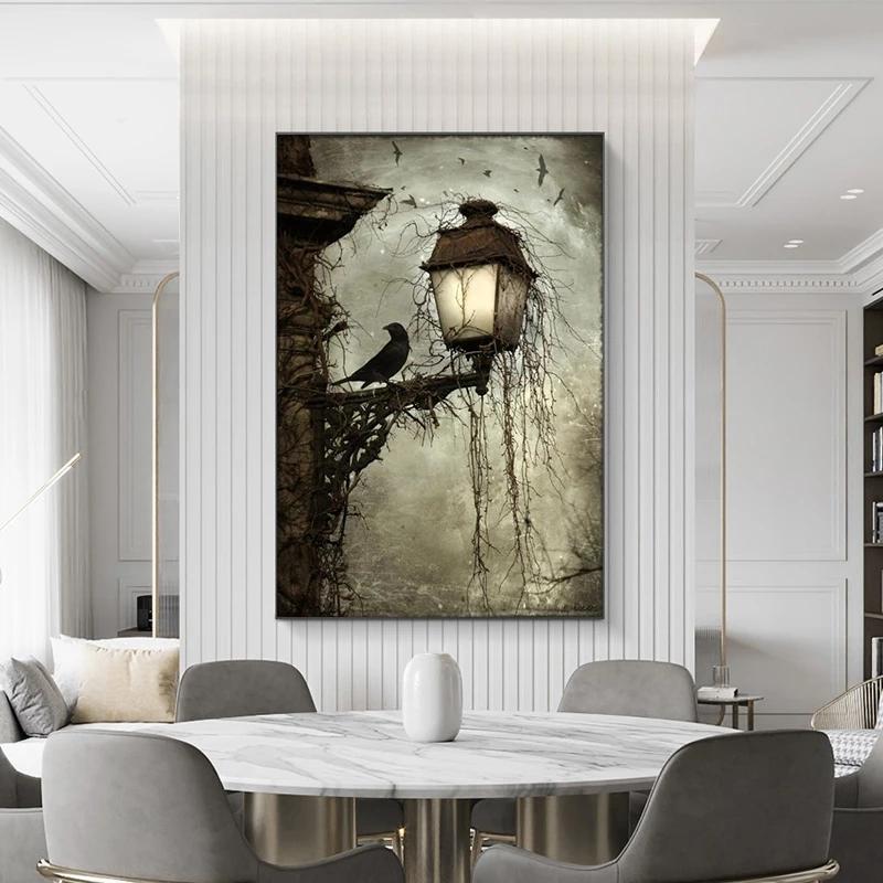 Винтажная лампа с черной вороной, холст, картины, постеры и принты на Хэллоуин, настенные художественные картинки для украшения стен гостиной, Cuadros