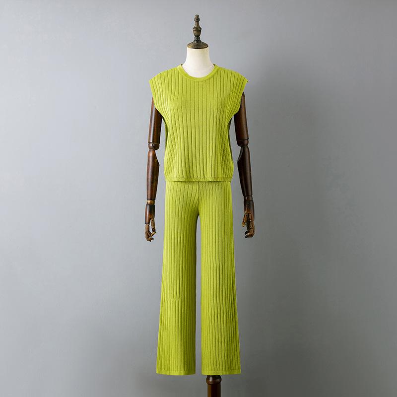 Весенне-летний женский свободный комплект из двух предметов, однотонный вязаный топ без рукавов, костюм