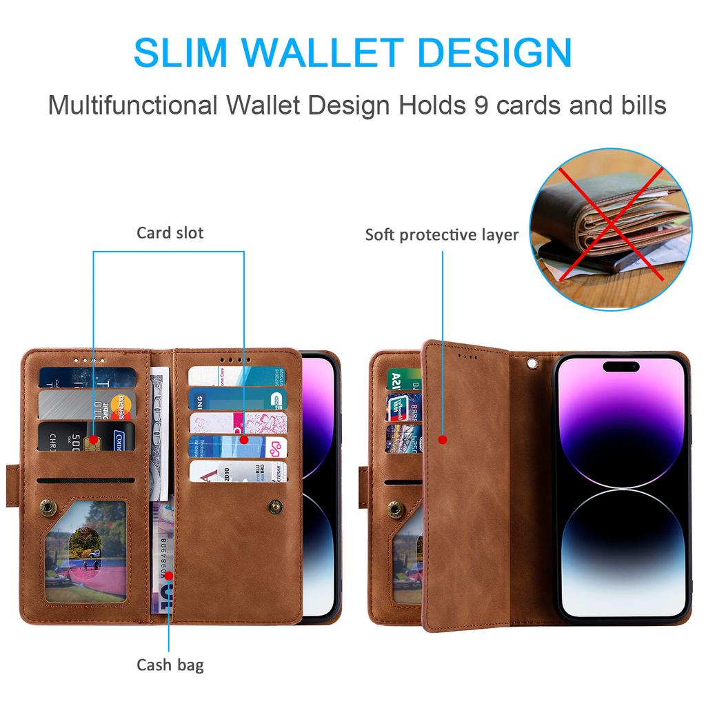 For iPhone 17 Pro Max Case 9 Card Slots Zipper Wallet PU Leather Phone Cover with Wrist Strap