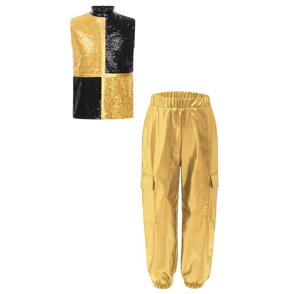 Boys Metallic Jazz Dance Costume Mock Neck Sleeveless Back Zipper Shiny Sequins Color Block Top Cargo Pants