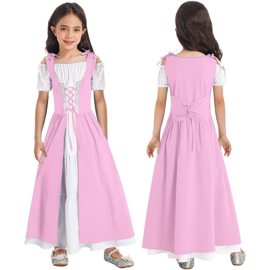 Kids Girls Renaissance Cosplay Medieval Dress Up Costumes Short Sleeve Adjustable Lace-up Gown Dress