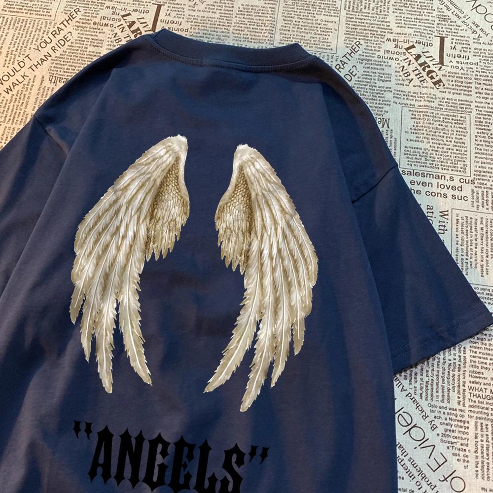 Мужская футболка свободного кроя в стиле хип-хоп с изображением крыльев ангела - летняя повседневная одежда из хлопка для пар