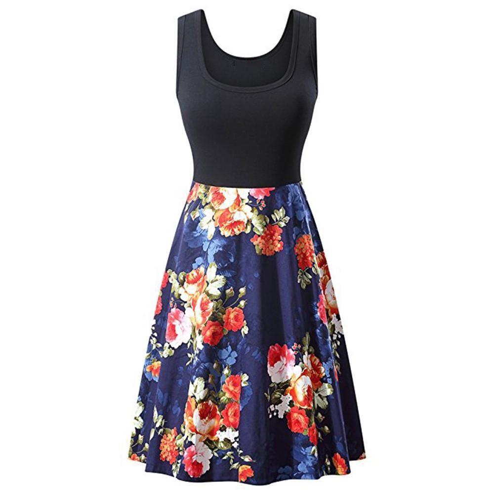Womens Retro Floral Print Sleeveless Cotton Dress With Round Neck For Summer Vintage Style