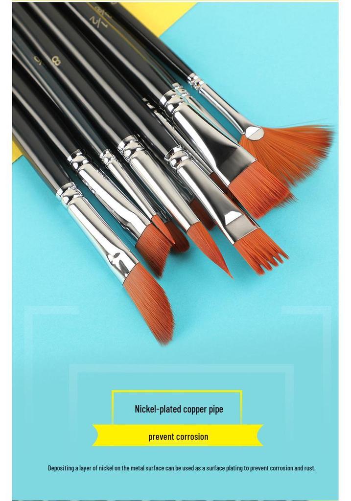 12-Piece Mixed Style Black Handle Brush Set: Short, Nylon Bristle Brushes for Watercolor, Gouache & Oil Painting