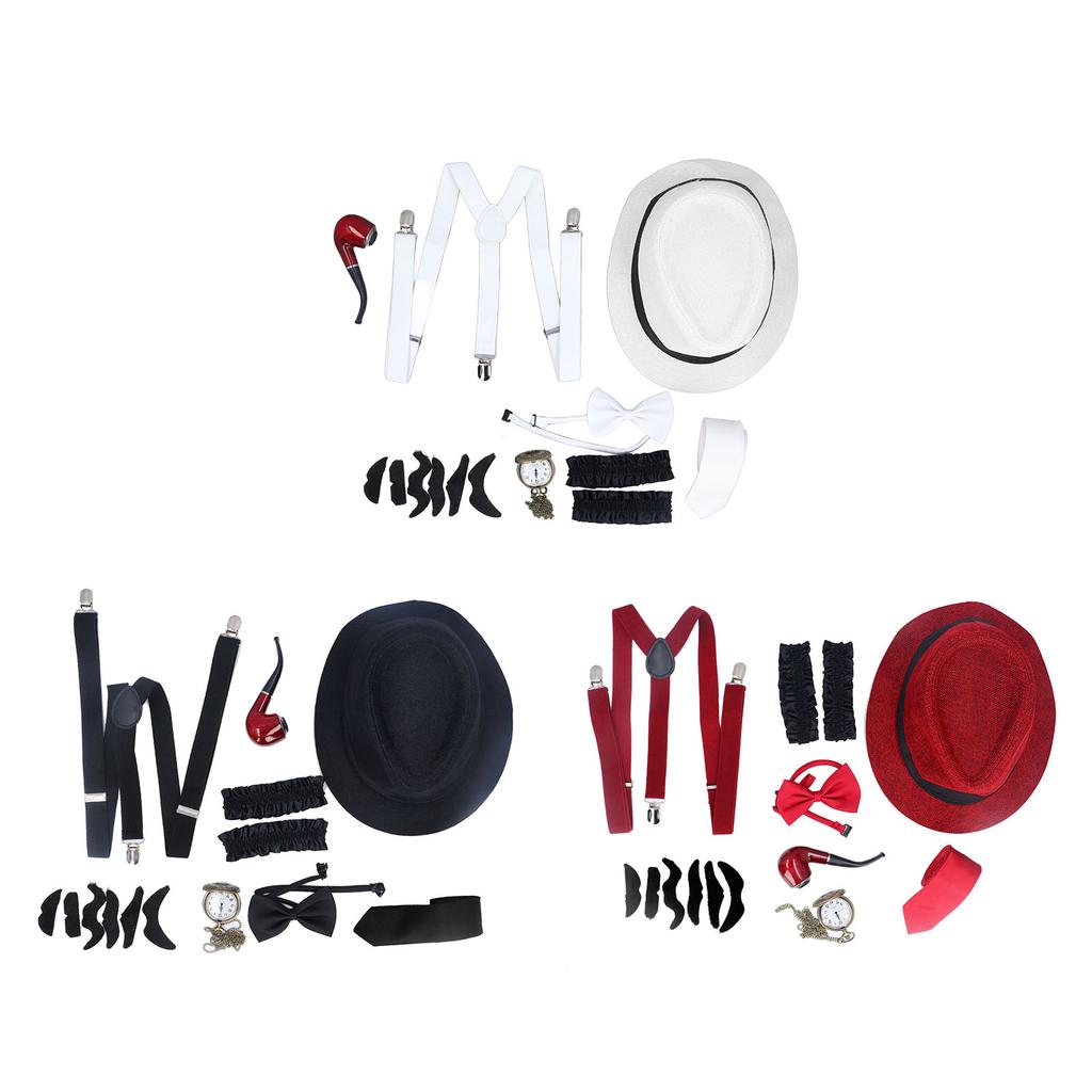 8 Pieces 1920s Grandpa Old Man Costumes Set with Suspenders Hat Watch Pipe Bow Tie Glasses Beard Kid