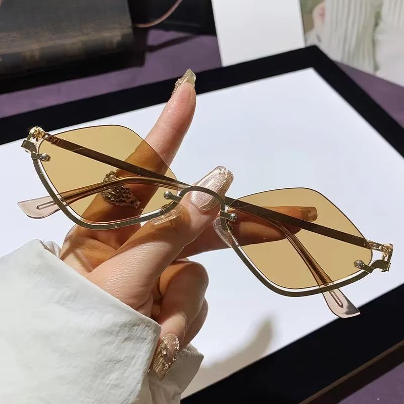 New Half Frame Diamond Shaped Sunglasses Metal Women Simple Trend Sunglasses Men Dopamine Small Frame Outdoor Sunglasses
