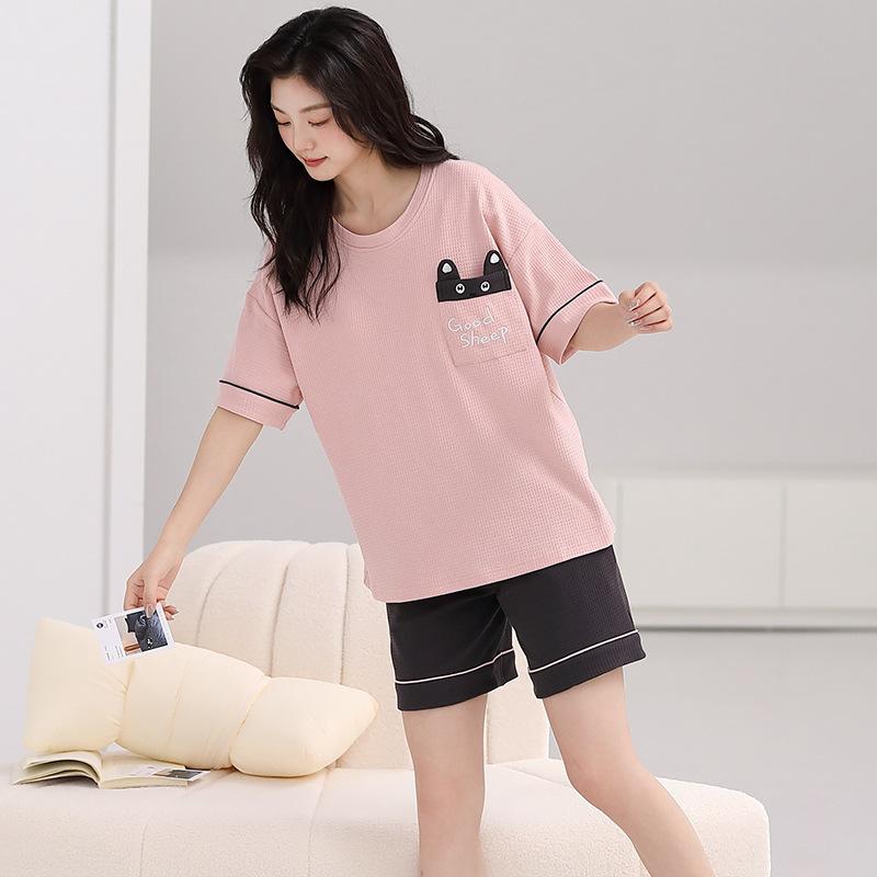 Пижама женская из чистого хлопка с короткими рукавами, студенческий пуловер с рисунком из хлопка, корейская версия, женская домашняя одежда